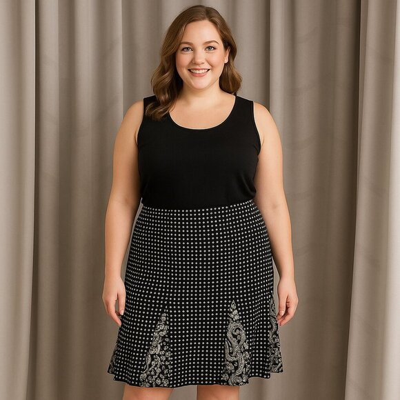 Emma James Dresses & Skirts - Emma James Black Cream Navy Floral Godet Hem Lined A-Line Midi Skirt Size 14